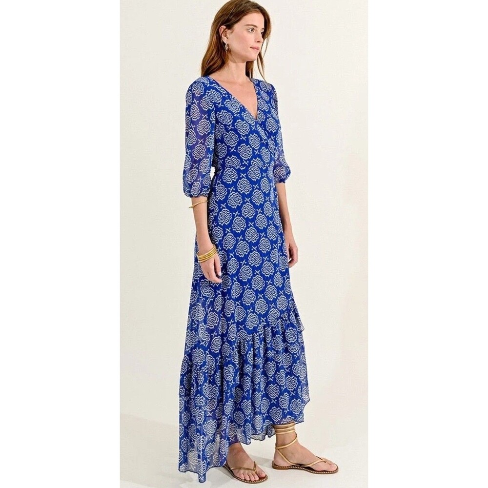 Molly Bracken Blue Mathilde Woven Maxi Wrap Deep V Neck Dress Size Medium